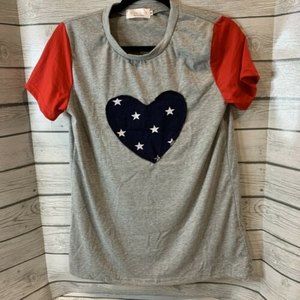 American Heart T Shirt Womens Medium Gray Red White Blue Love States US Stars